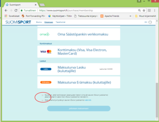 7/7: ...lasku ja osamaksu vaihtoehdot.
Ennen maksua sivun alalaidassa olevat Hyväksynnät/Sääntöjen lukeminen pitää hyväksyä. HOX! Laskuvaihtoehdossa lasku tulee sähköpostilla parin päivän sisällä.